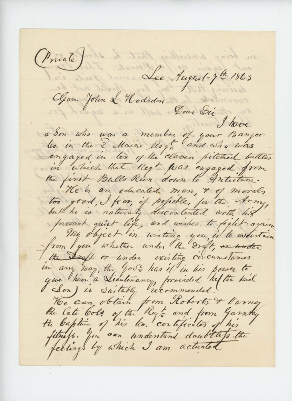 Miniature of W.C. Field requests a lieutenant's position for his son
