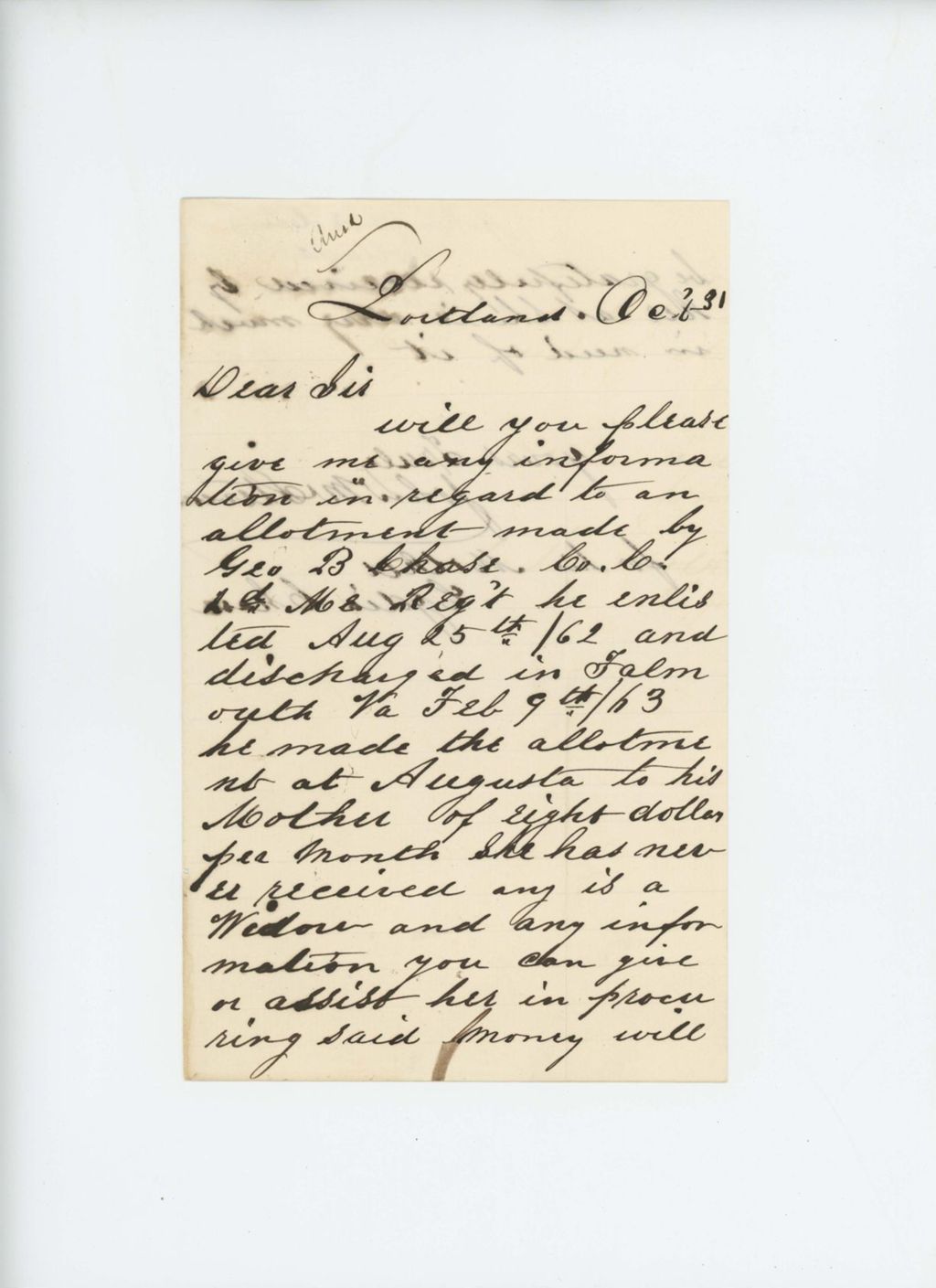 Miniature of John M. Stevens requests information on allotment for mother of George B. Chase
