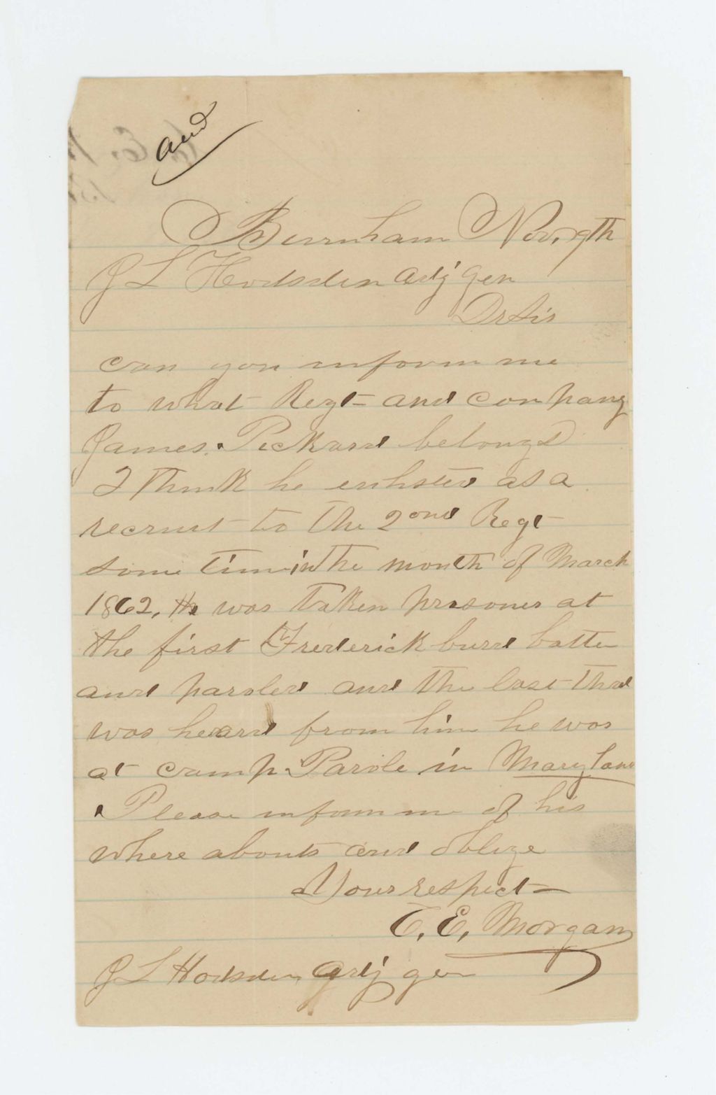 Miniature of C.E. Morgan requests information on James Pickard taken prisoner at Fredericksburg