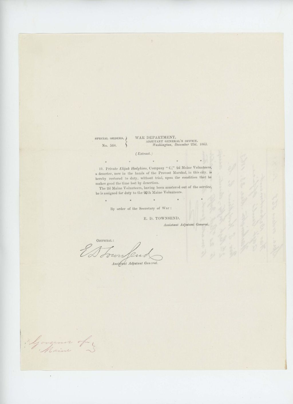 Miniature of Special Order 568 restoring Private Elijah Hodgkins, deserter, to duty