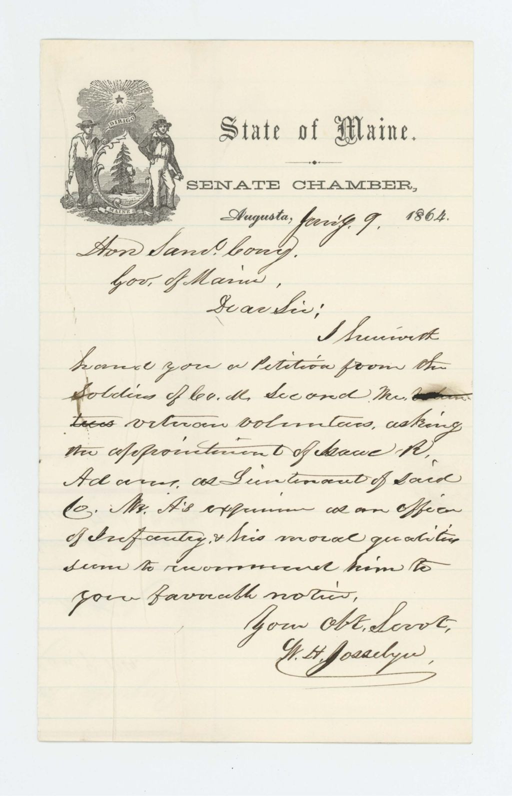 Miniature of W.H. Josselyn submits a petition for appointment of Isaac R. Adams as Lieutenant