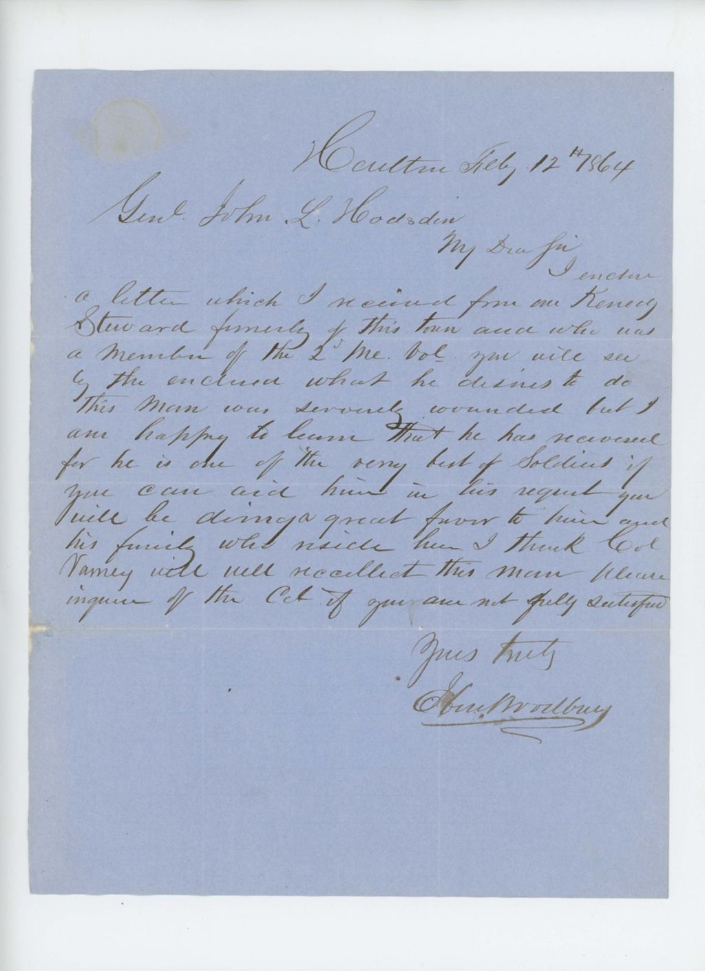 Miniature of Mr. Woodbury writes in favor of Kennedy Stewart's request