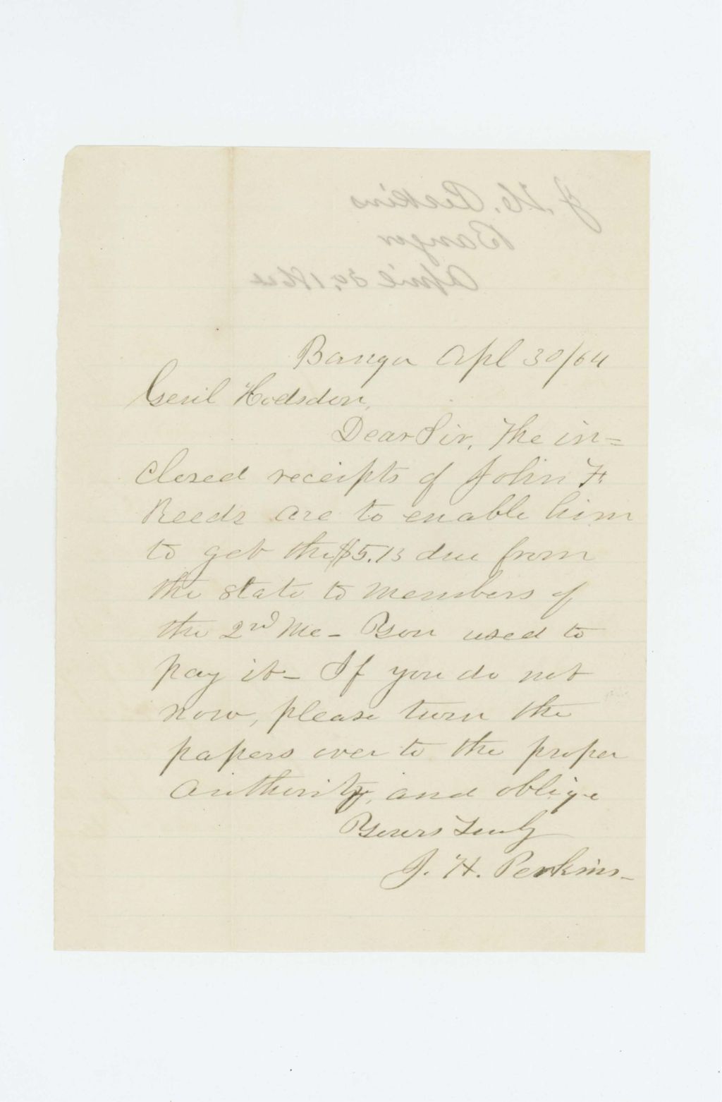 Miniature of J.H. Perkins forwards receipts of John F. Reeds for payment to members of the regiment