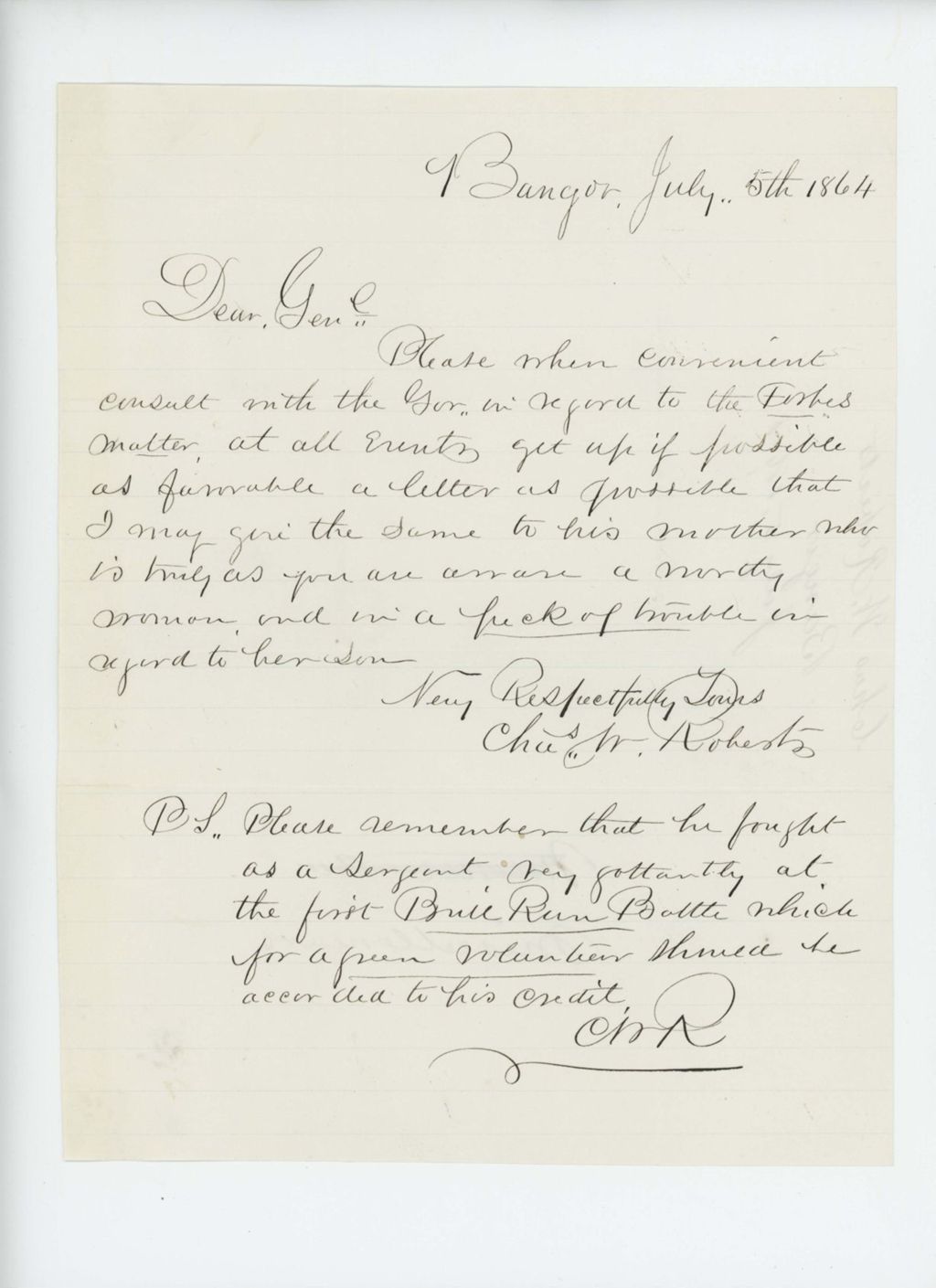 Miniature of Colonel Charles W. Roberts requests that the Governor be consulted regarding the case of Sergeant Forbes