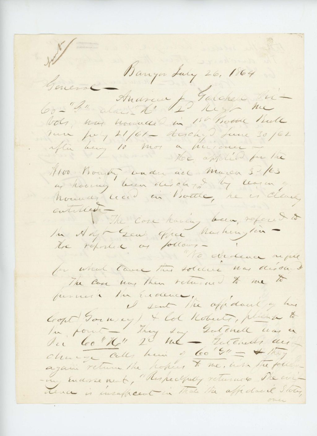 Miniature of C.P. Brown requests assistance obtaining bounty for Andrew J. Getchell, wounded at Bull Run/Manassas