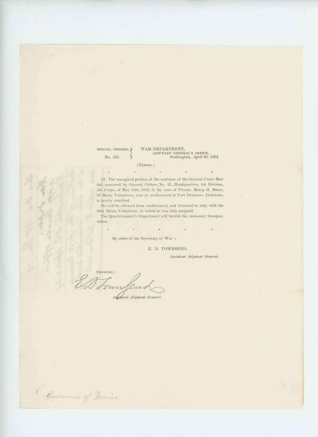 Miniature of Special Order 135 releasing Private Henry H. Moore from prison and assigning to duty with the 20th Maine Regiment