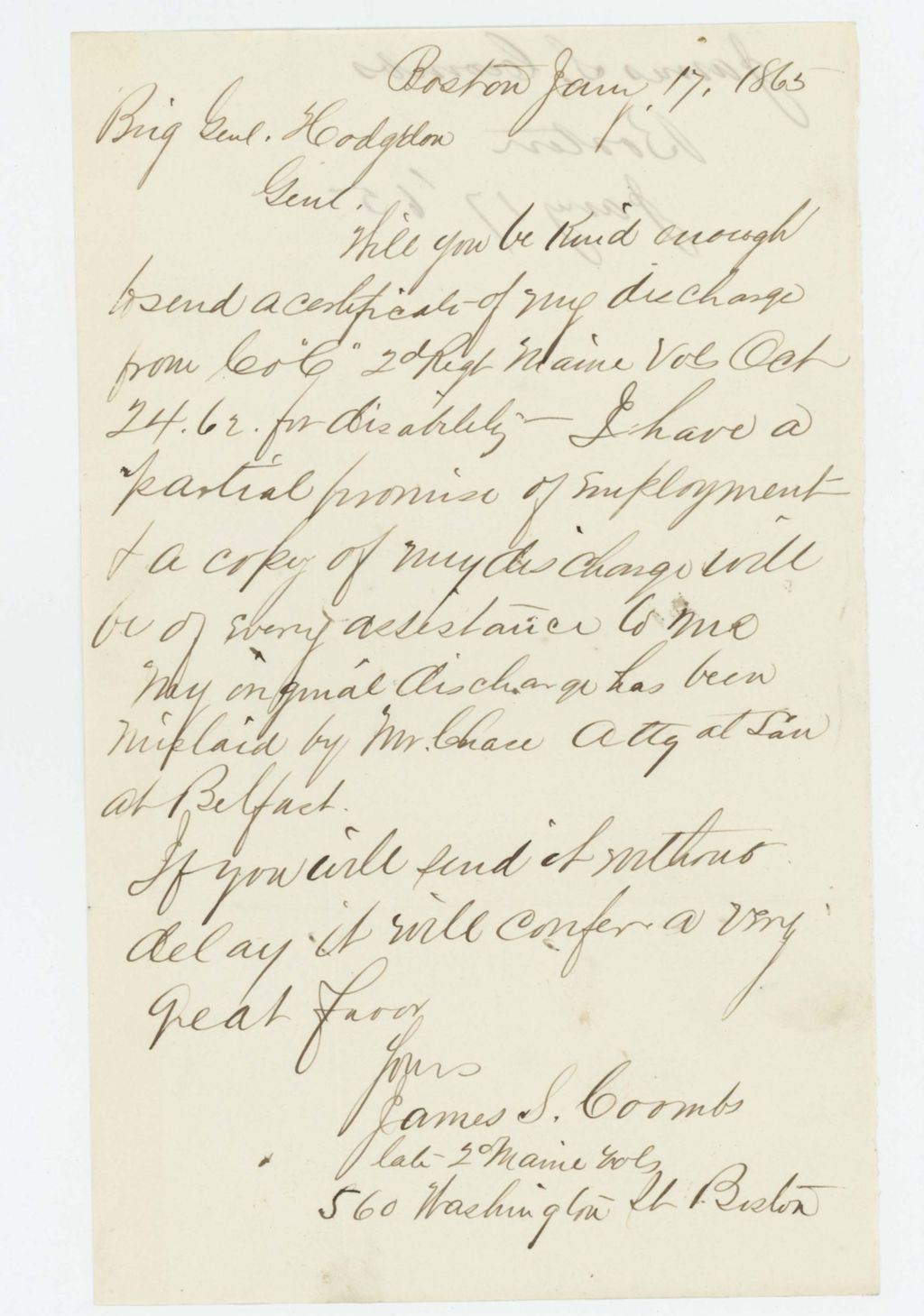 Miniature of James S. Coombs requests his discharge certificate