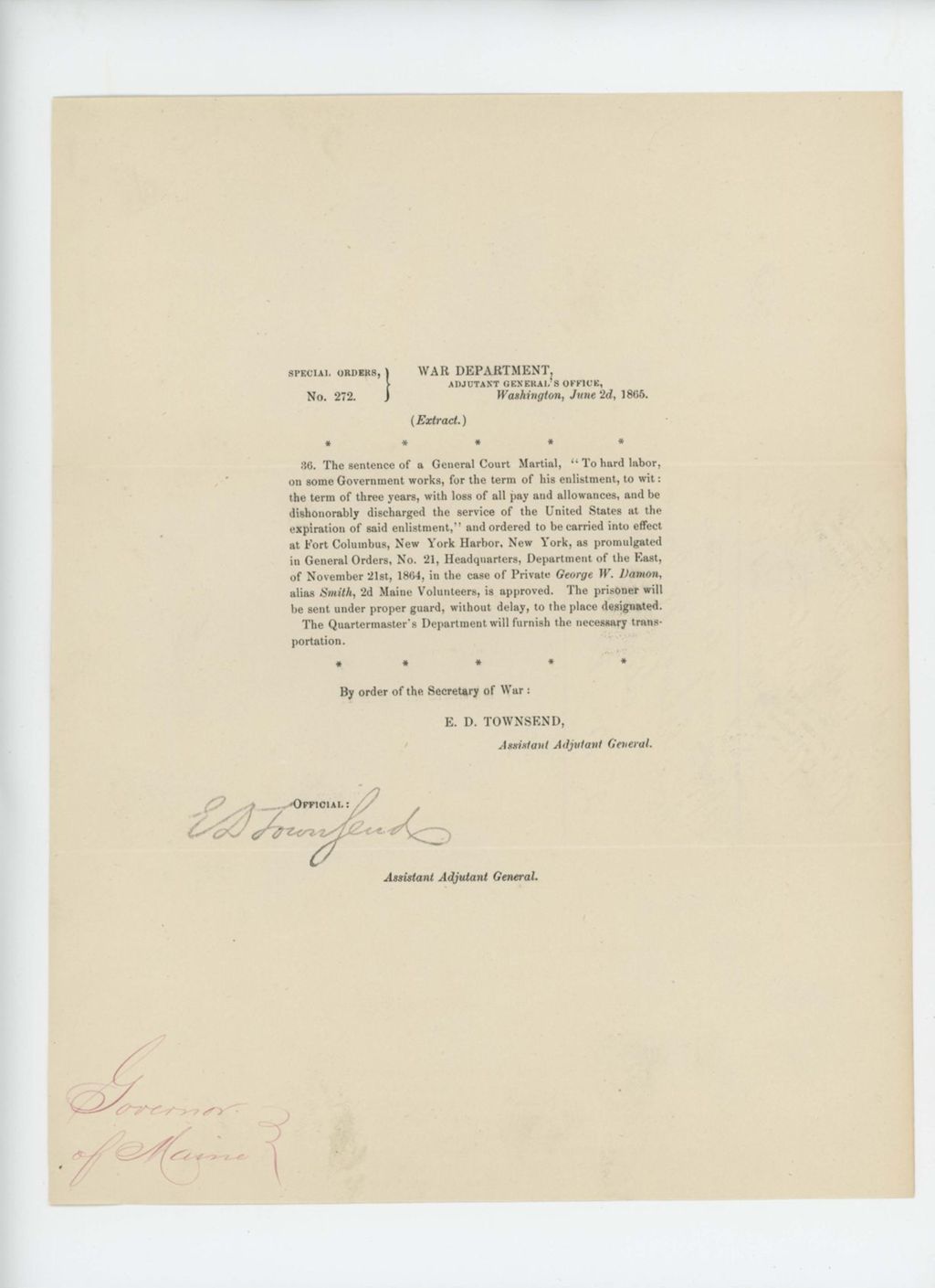 Miniature of Special Order 272 from the War Department approving the court martial of Private George W. Damon, alias Smith