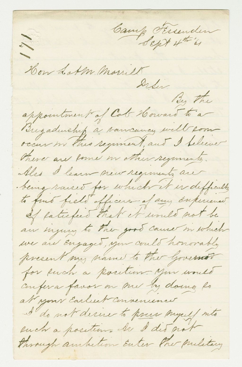 Miniature of Captain Frank Hesseltine of Company G requests promotion to Colonel