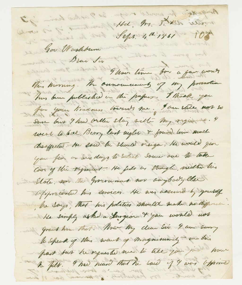 Miniature of Colonel Howard writes Governor Washburn about Colonel Berry