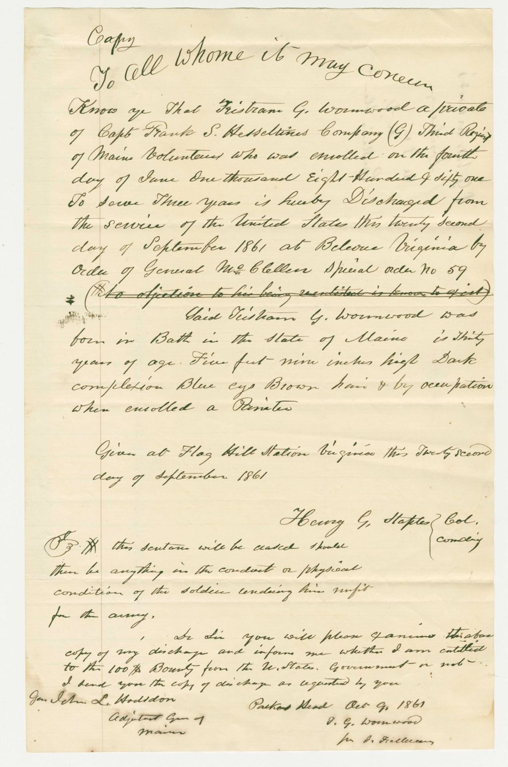 Miniature of Copy of the discharge papers of Tristram Wormwood