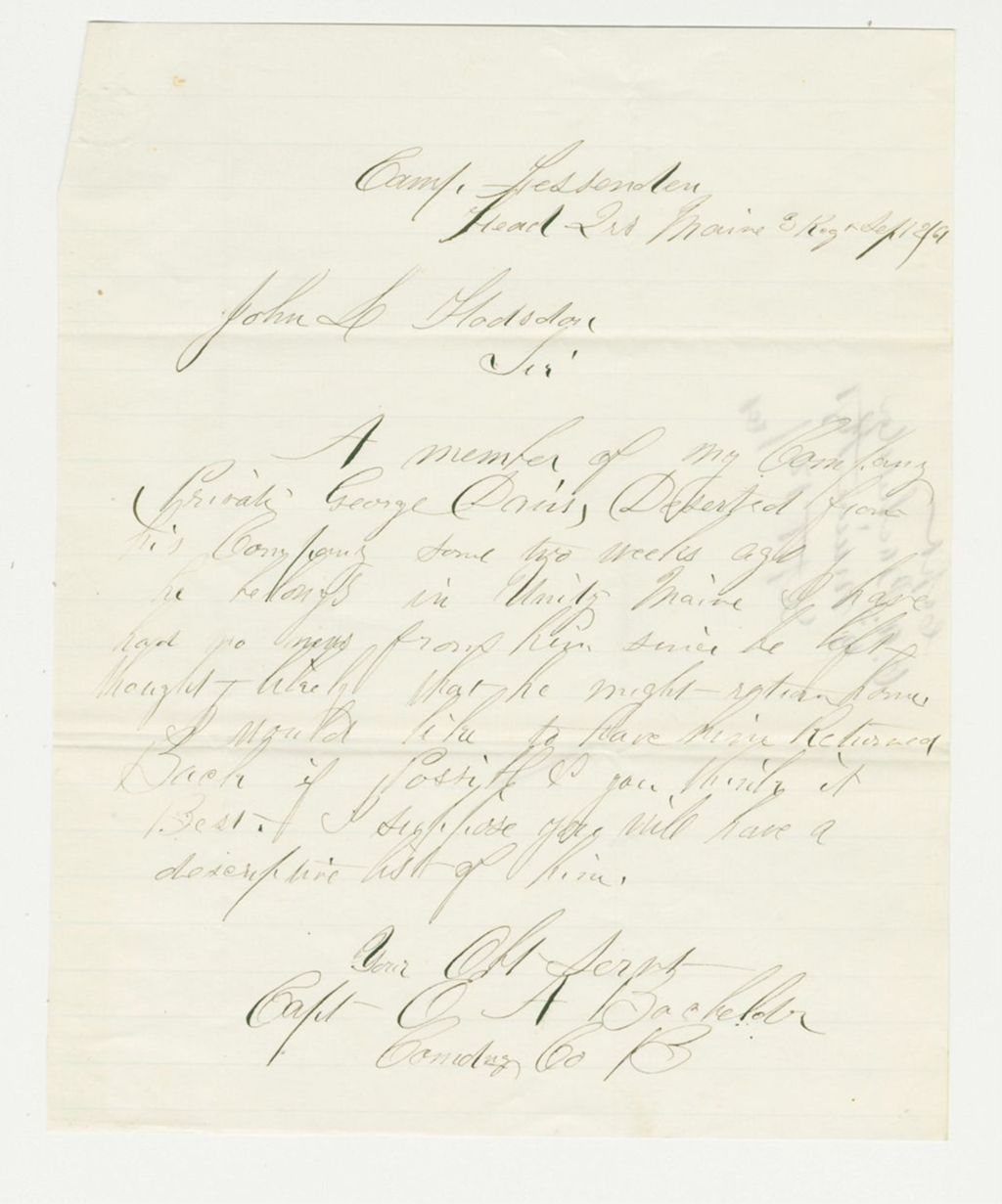 Miniature of Captain Bachelder writes about deserter George Davis