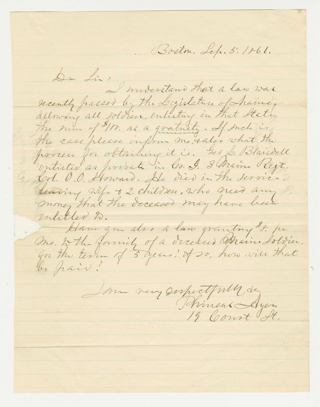 Miniature of Phineas Ayer inquires about $100 payment for family of deceased George L. Blaisdell