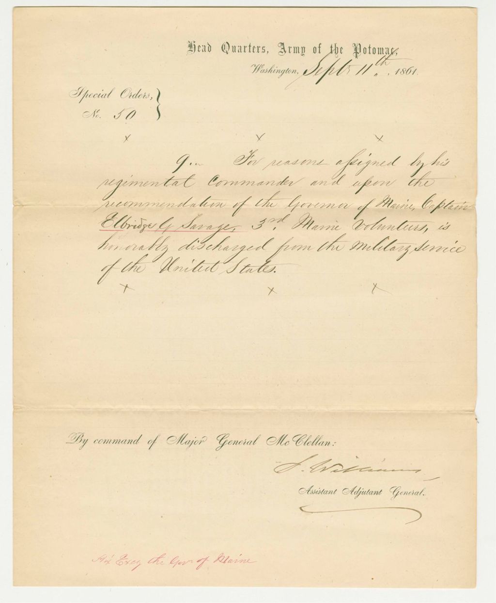 Miniature of Special Order 50 honorably discharging Captain Elbridge G. Savage from service