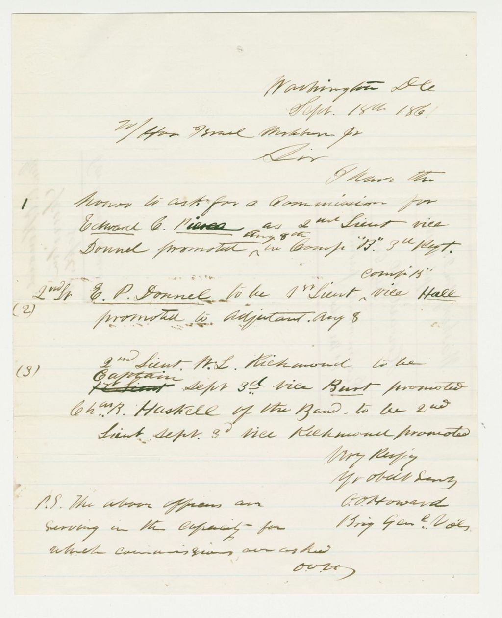 Miniature of Brigadier General Howard requests promotions for three officers