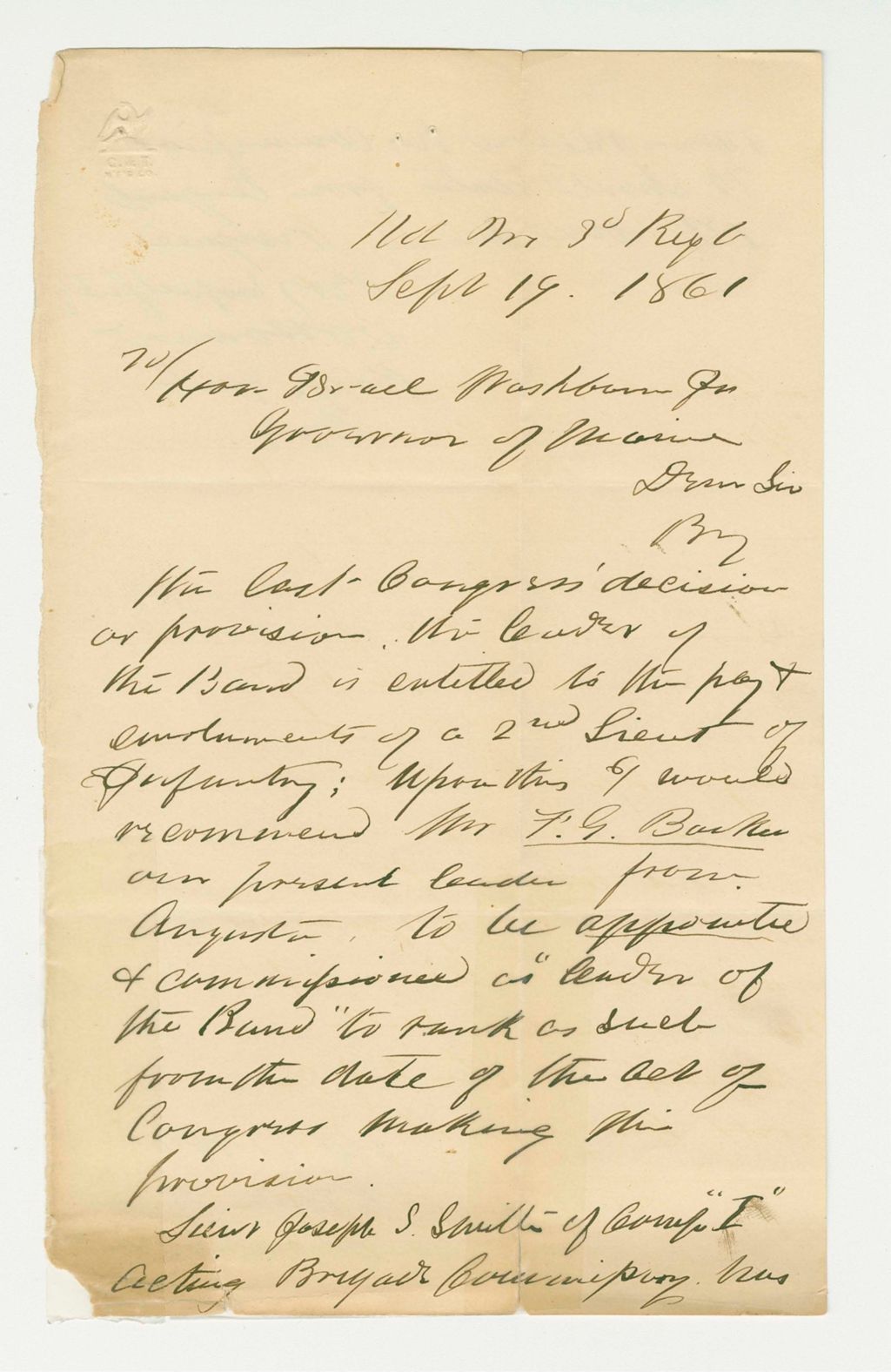Miniature of General Howard requests a commission as band leader for Fenelon G. Barker