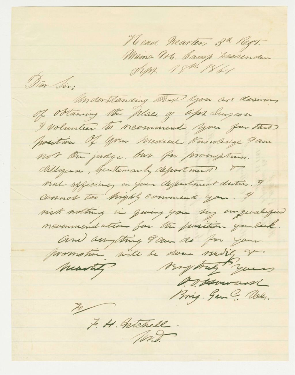 Miniature of Brigadier General Howard recommends Frank H. Getchell for appointment as assistant surgeon
