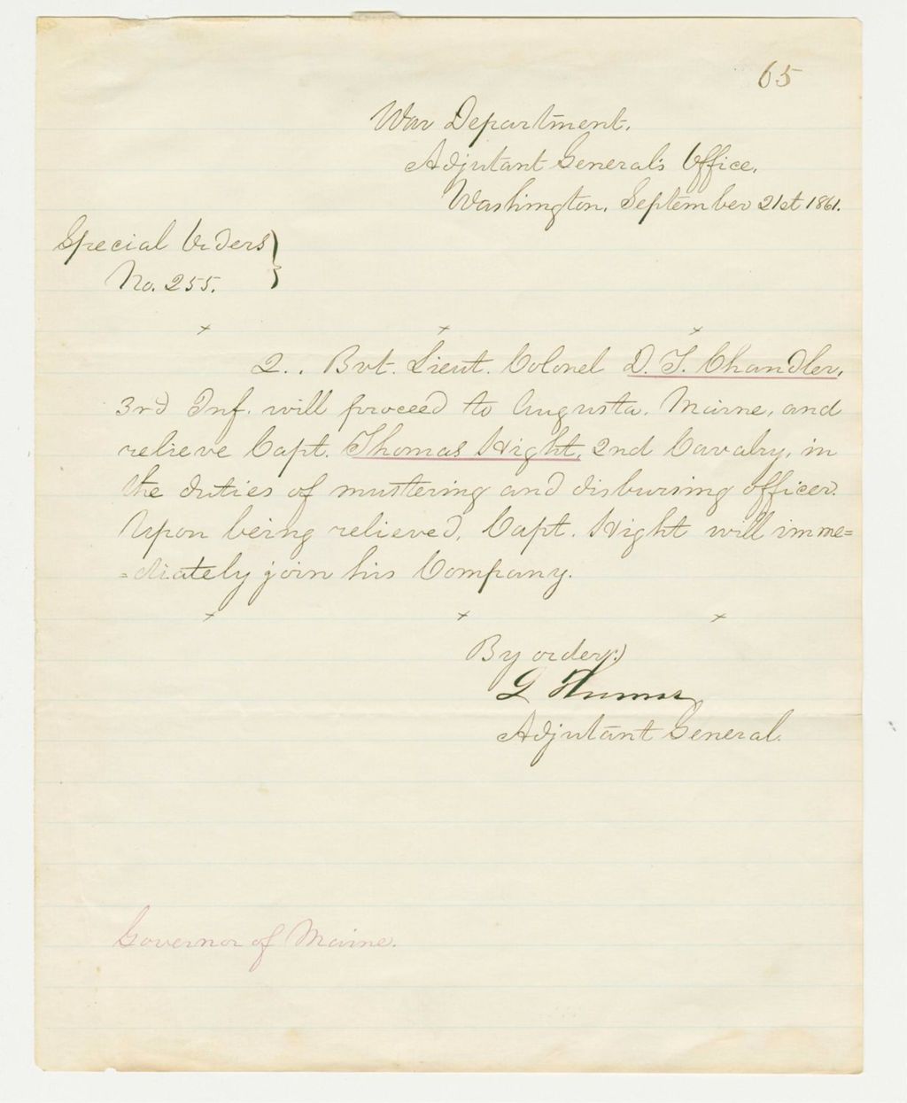 Miniature of Special Order 255 ordering Brevet Lieutenant Colonel D. Chandler to replace Captain Thomas Hight of 2nd Maine Cavalry as mustering and disbursing officer in Augusta
