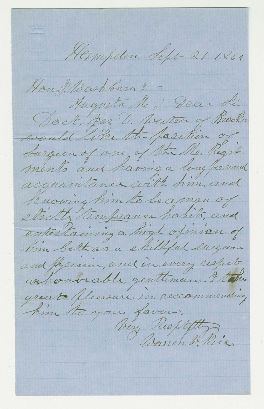 Miniature of Warren W. Rice recommends Dr. Watson of Brooks for surgeon