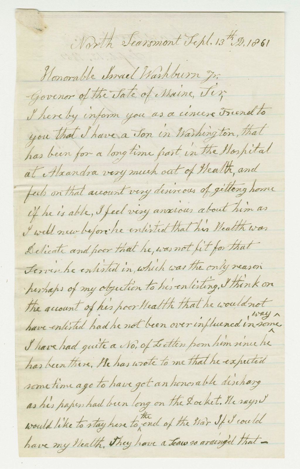 Miniature of Joseph Fletcher requests a discharge for his ailing son Roland