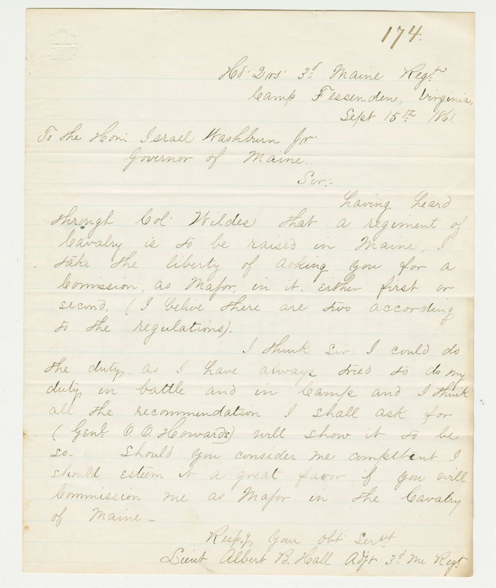 Miniature of Lieutenant Albert B. Hall requests a commission as Major