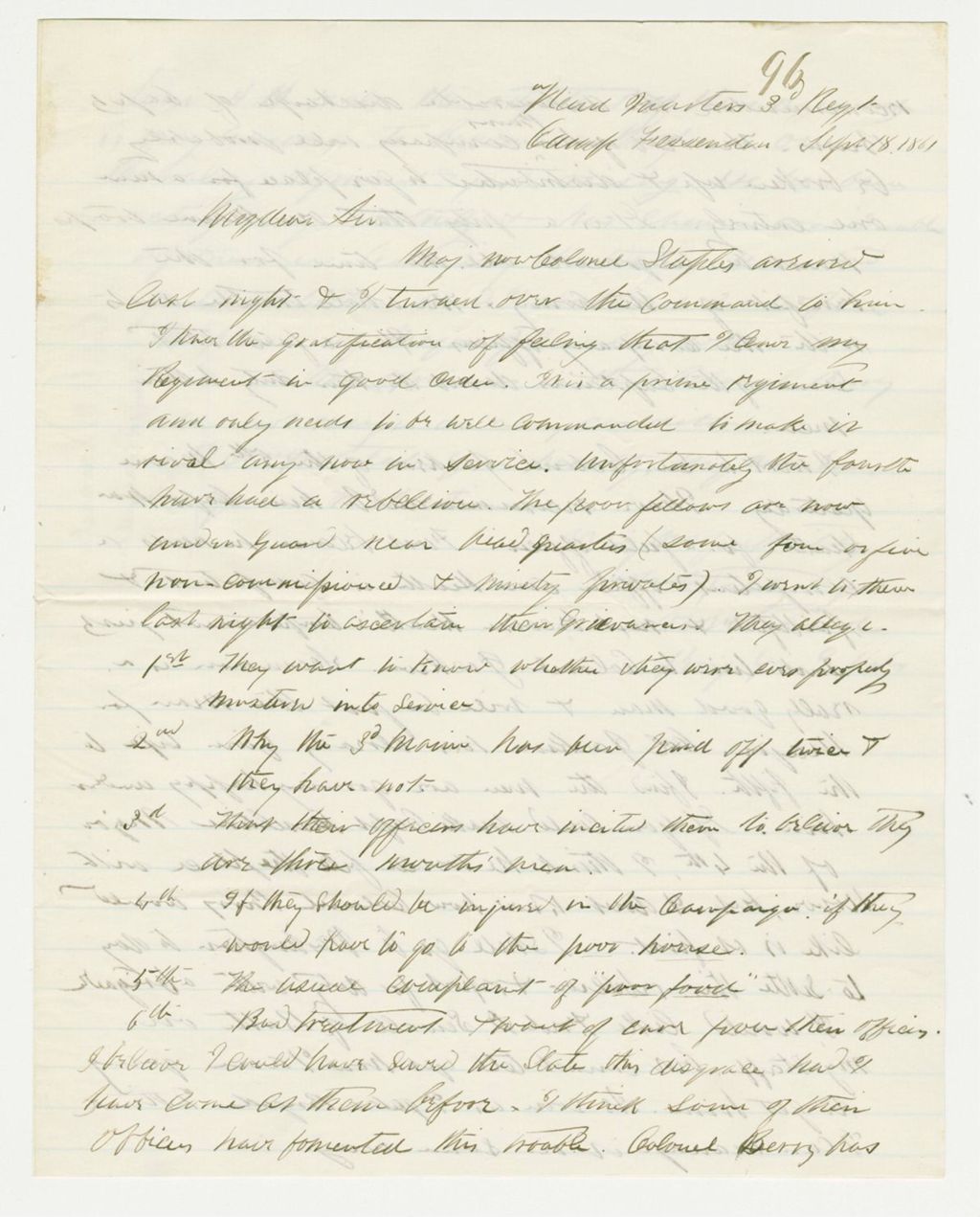 Miniature of Brigadier General Howard writes that he has turned over command to Colonel Staples and writes about rebellion in the 4th Maine Regiment