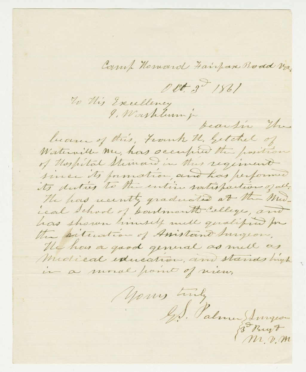 Miniature of Surgeon Gideon S. Palmer recommends Frank Getchell for promotion to Assistant Surgeon
