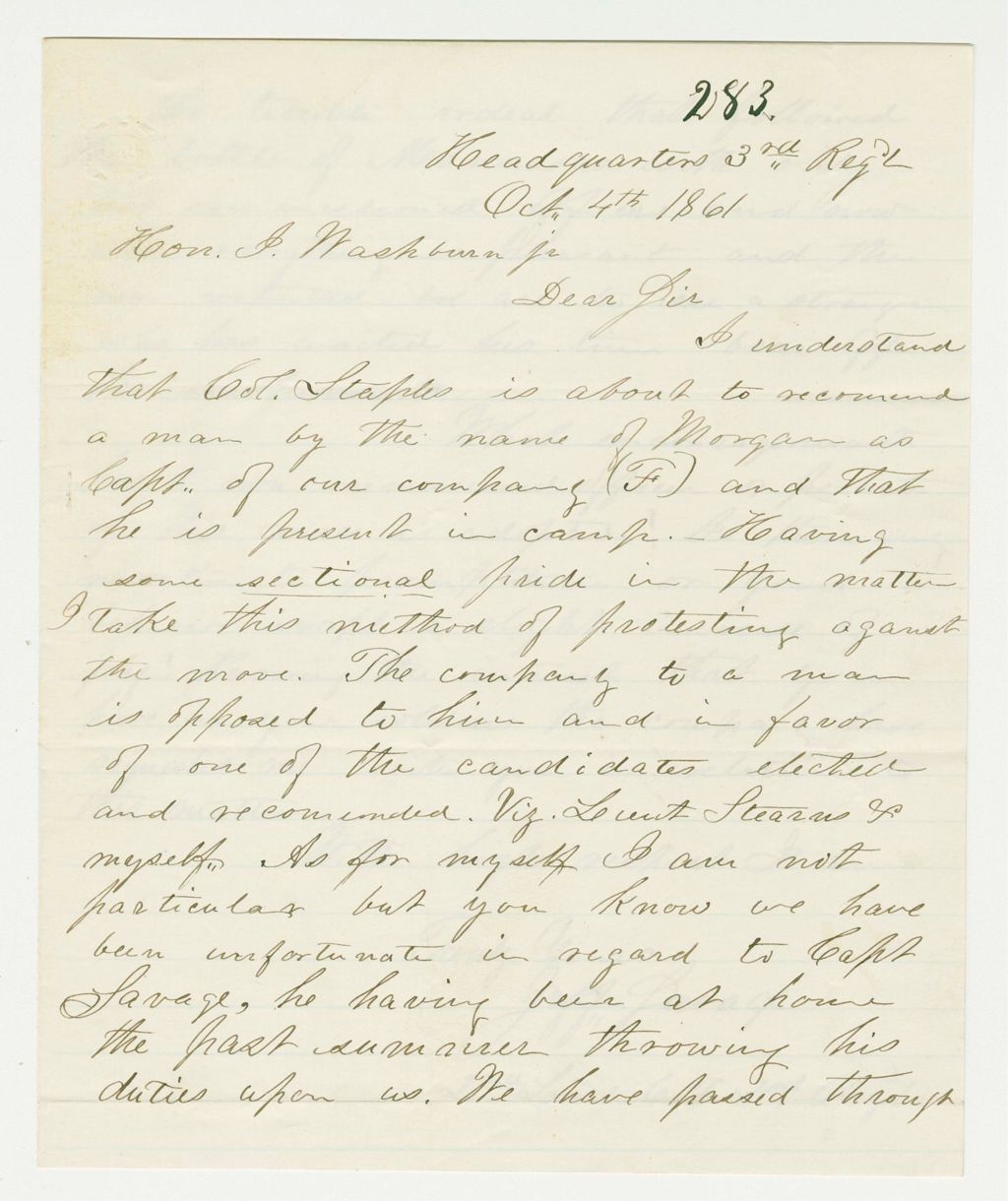 Miniature of Lieutenant Jefferson Savage of Company F protests against Morgan as Captain