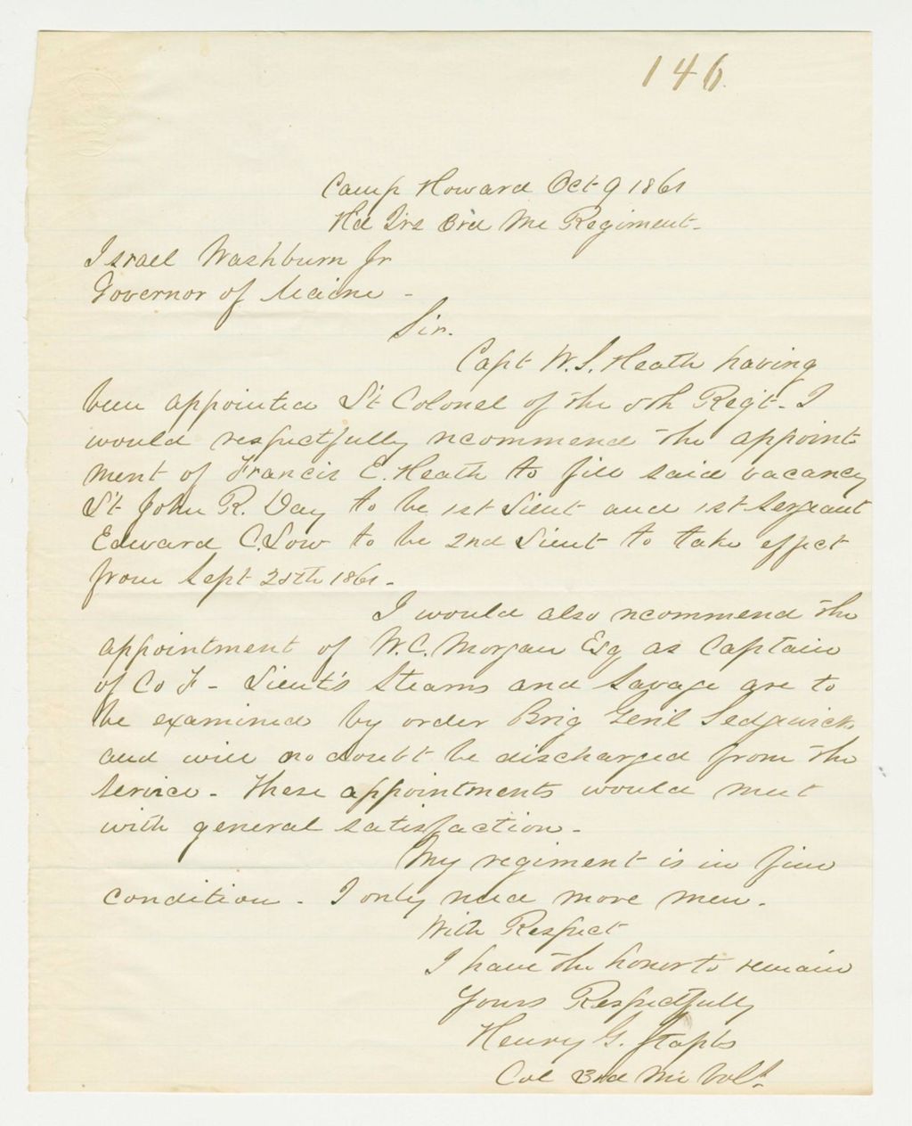 Miniature of Colonel Staples recommends appointment of Francis Heath