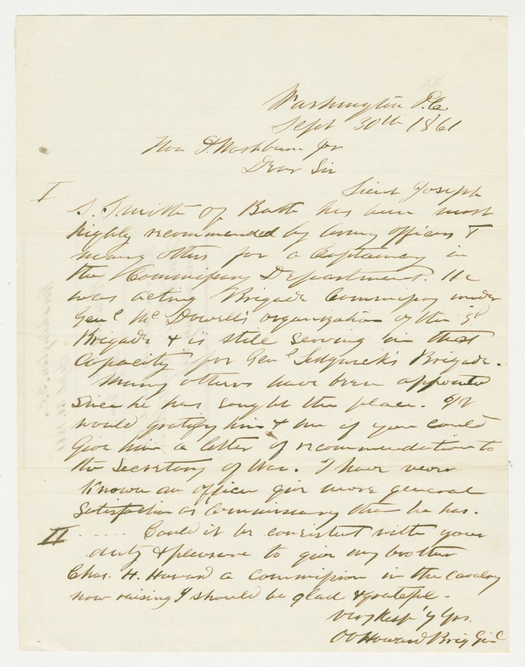 Miniature of Brigadier General Howard recommends Lieutenant J.S. Smith as Captain in the Commissary Department