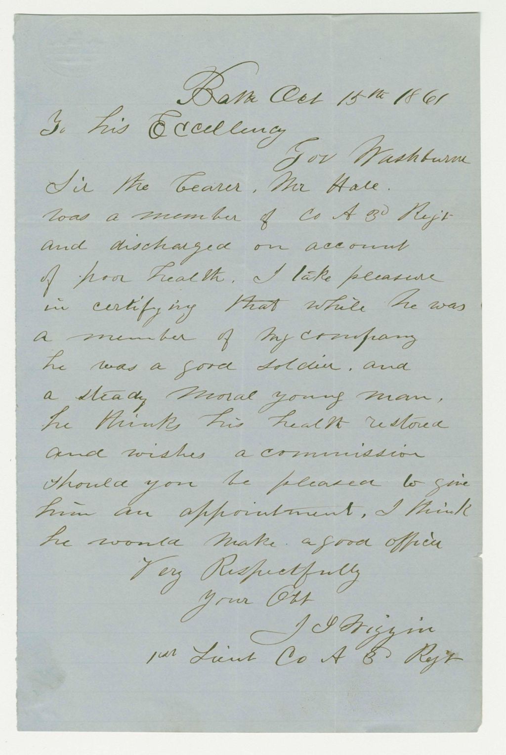 Miniature of Lieutenant John S. Wiggin recommends Mr. Hale for a commission