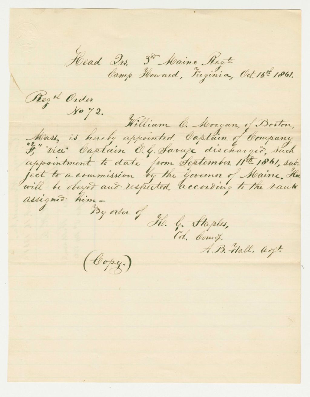 Miniature of Regimental Order 72 appointing William C. Morgan as Captain of Company F