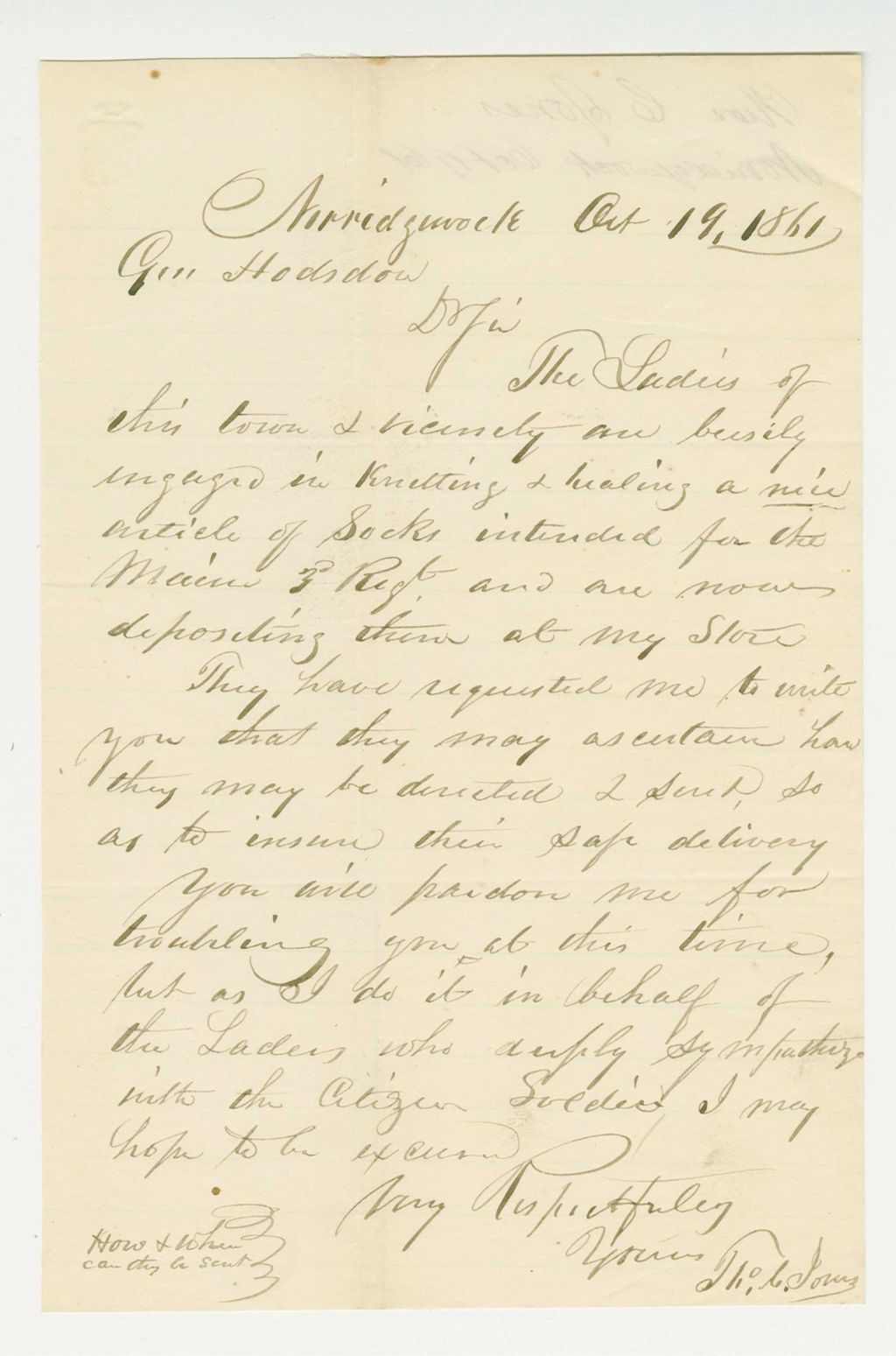Miniature of Thomas Jones inquires how the ladies of his town may send socks to soldiers
