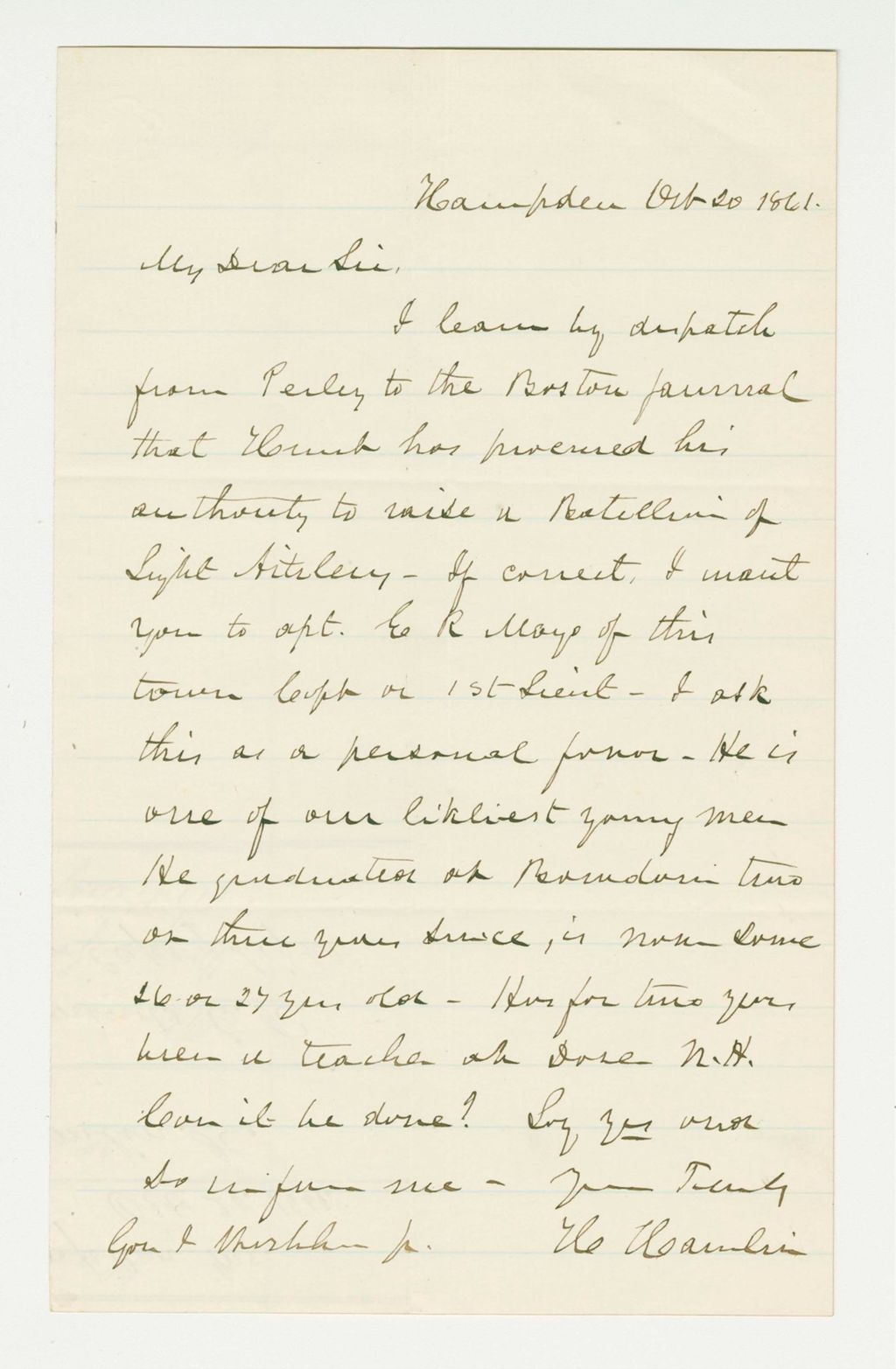 Miniature of Hannibal Hamlin recommends E.R. Mayo for Captain of a light artillery battalion