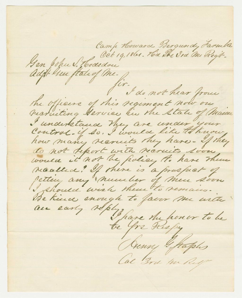 Miniature of Colonel Staples inquires about the status of recruiting