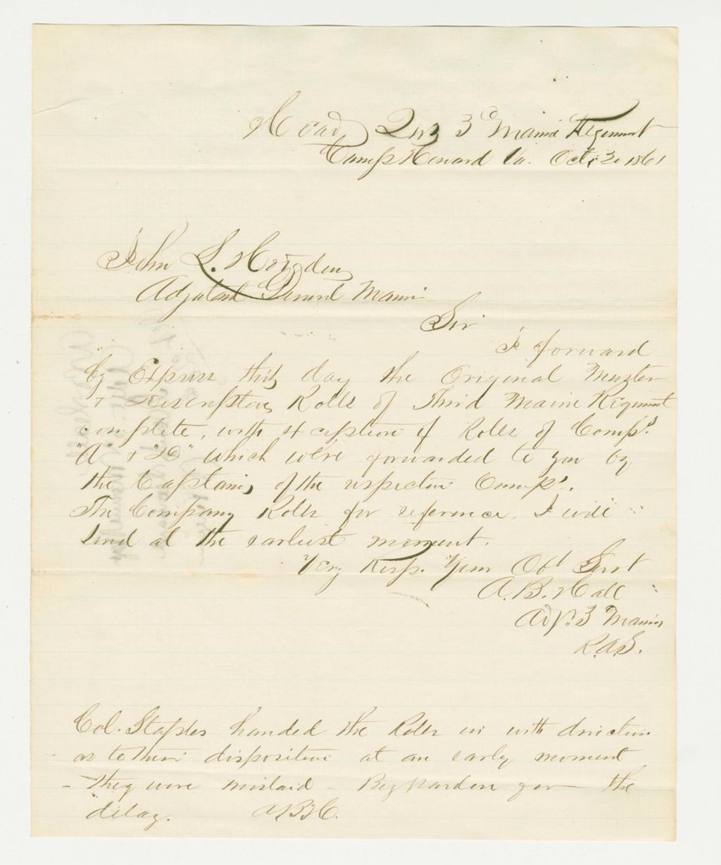 Miniature of Adjutant Albert B. Hall forwards muster and descriptive rolls