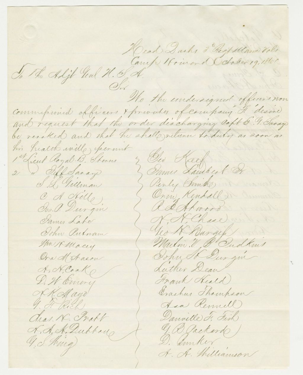 Miniature of Petition from Company F requesting that the order discharging Captain Savage be revoked