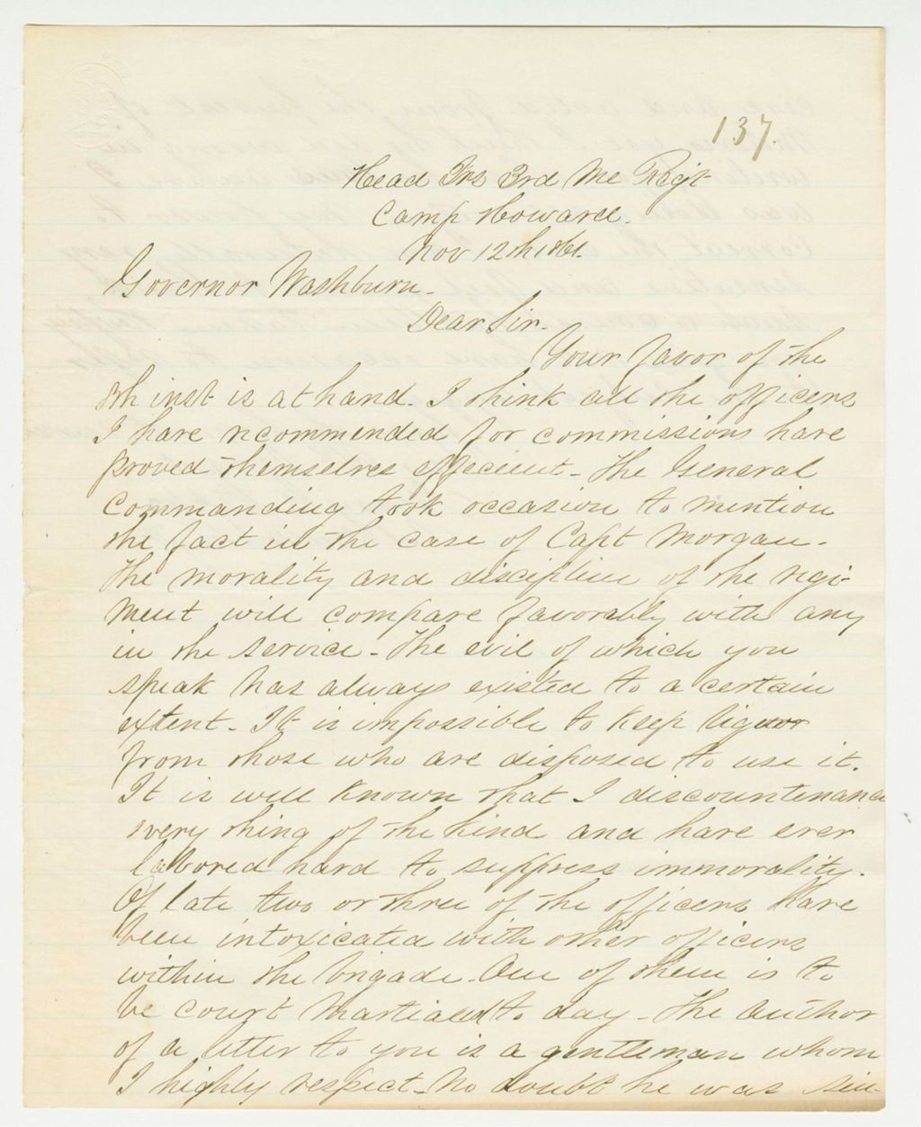 Miniature of Colonel Staples writes Governor Washburn about recommended commissions