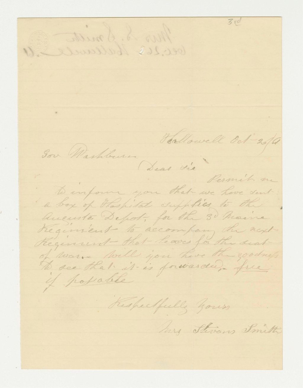 Miniature of Mrs. Stevens Smith informs Governor Washburn that she has sent a box of hospital supplies to the regiment