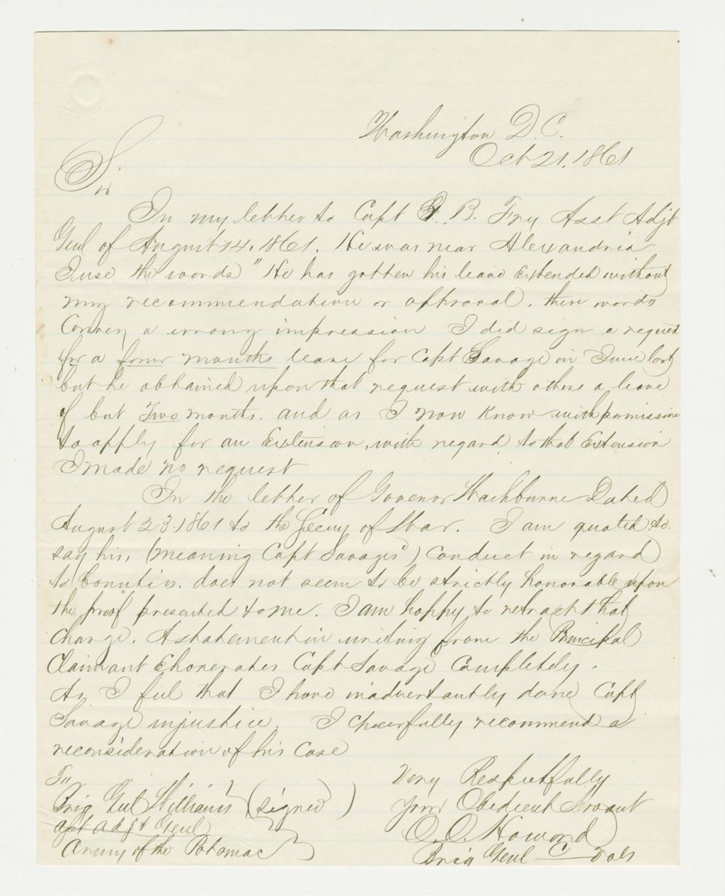 Miniature of Brigadier General Howard retracts his statements about Captain Savage and recommends reconsideration of his case
