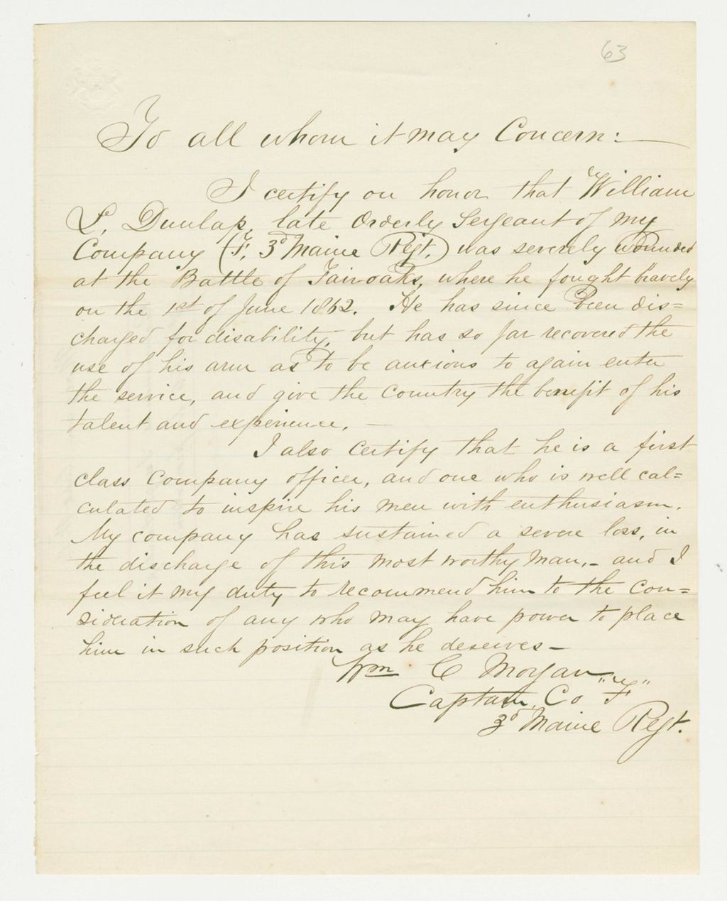 Miniature of Undated (circa August 1862) - Captain William Morgan recommends William Dunlap for promotion