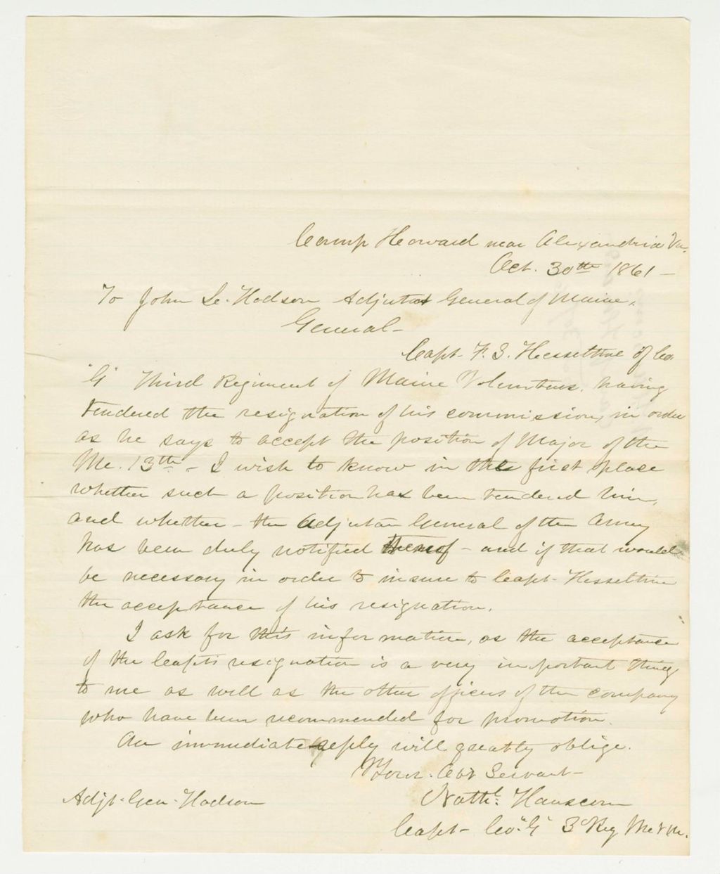 Miniature of Nathaniel Hanscom inquires whether he can accept Captain Hesseltine's resignation for a new commission in the 13th Regiment