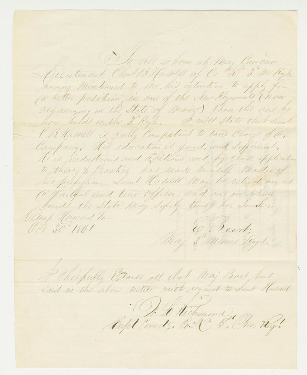 Miniature of Major Edwin Burt recommends Charles B. Haskell for appointment in a new regiment
