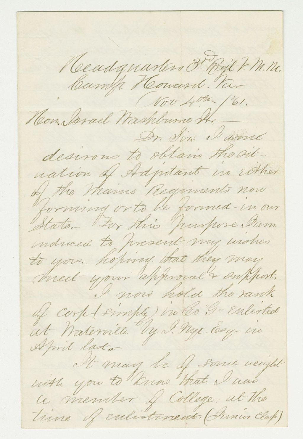 Miniature of Amasa Bigelow requests appointment as Adjutant in a new regiment