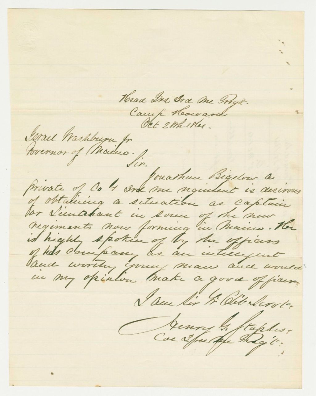 Miniature of Colonel Staples recommends Jonathan Bigelow for promotion