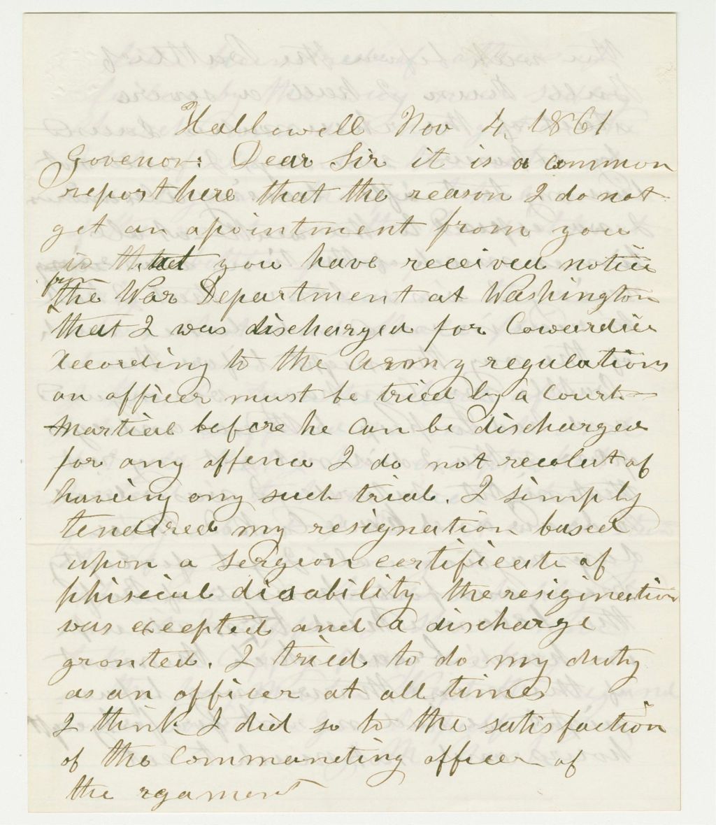 Miniature of J.M. Nash explains that his conduct at Bull Run was not cowardice