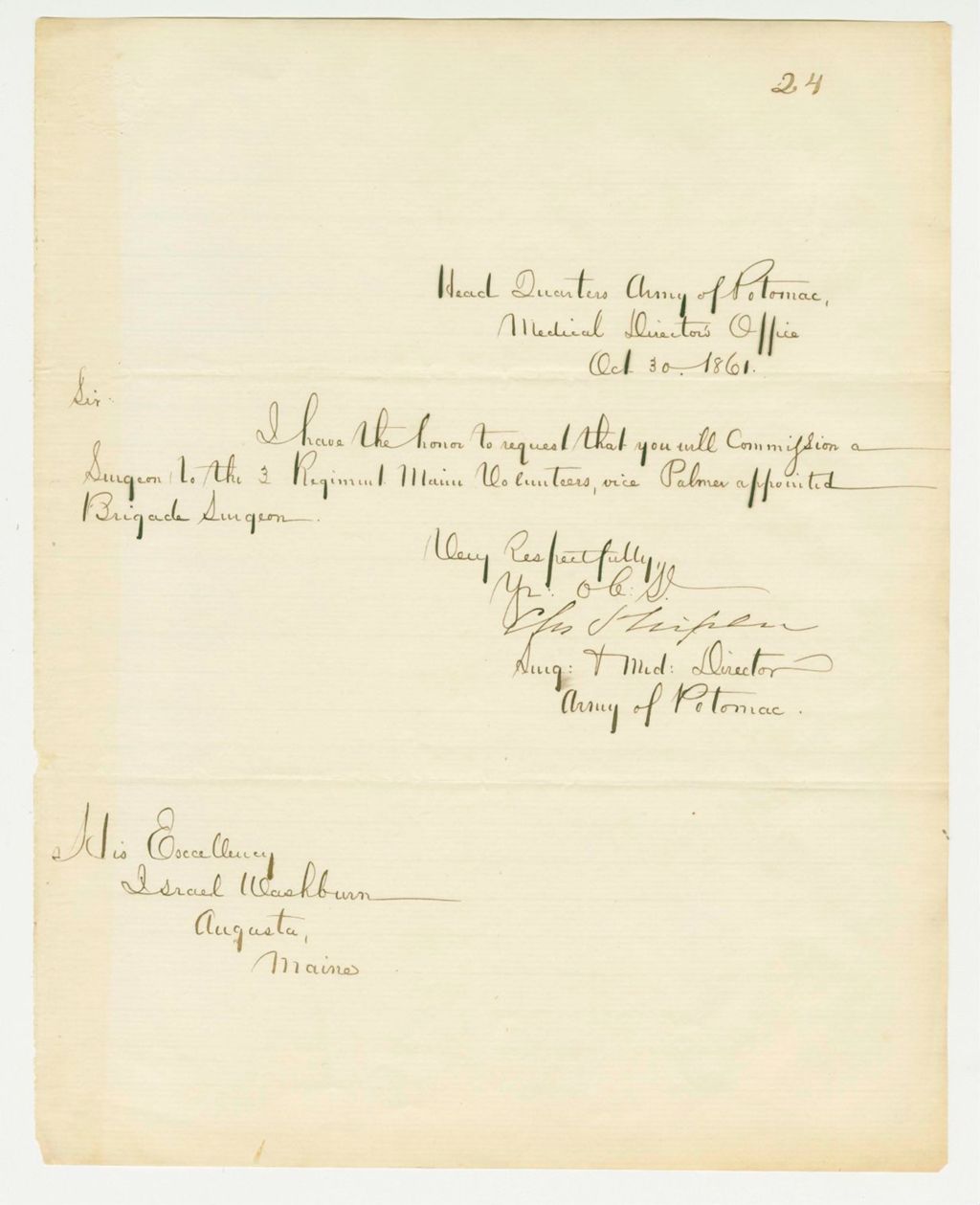 Miniature of Surgeon Charles S. Tripler, Medical Director of the Army of the Potomac, requests commissioning of a surgeon for the 3rd Regiment
