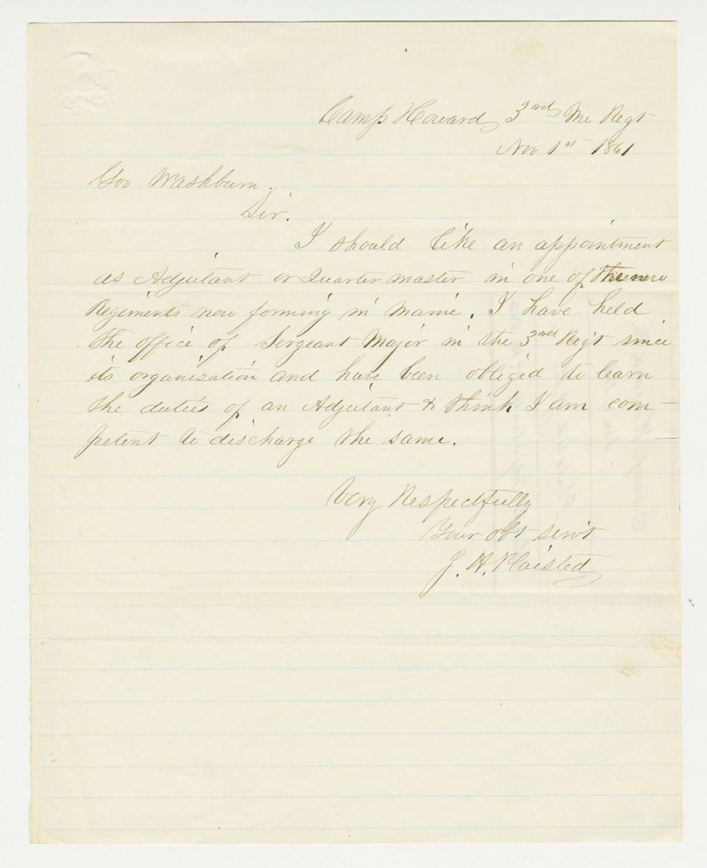 Miniature of James H. Plaisted requests appointment as Adjutant or Quarter Master in a new regiment