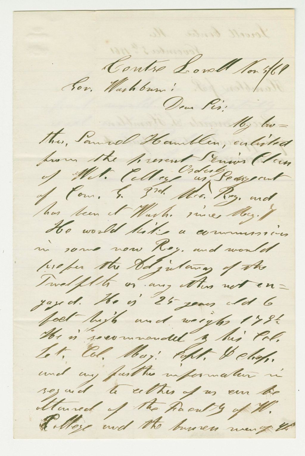 Miniature of J.P. Hamblen recommends his brother Samuel for promotion to Adjutant of the 12th Maine Regiment