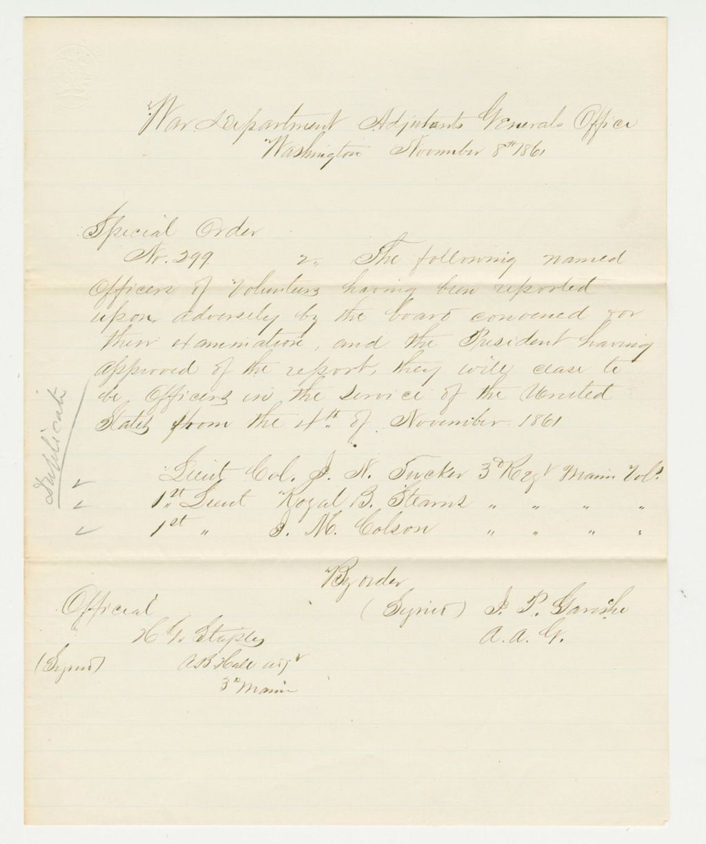 Miniature of Special Order 299 demoting officers Tucker, Stearns, and Colson
